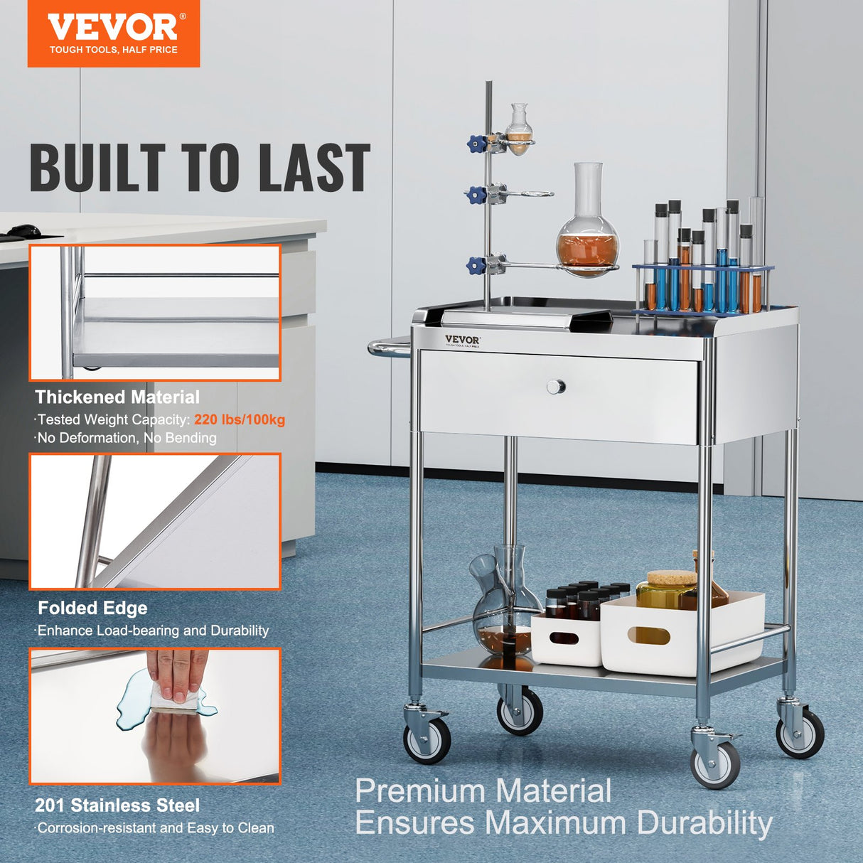 VEVOR Medical Cart 2 Layer stainless Steel Cart100 kg Weight Capacity Utility Cart Silent Wheels and a Drawer for Lab Clinic kitchen Salon
