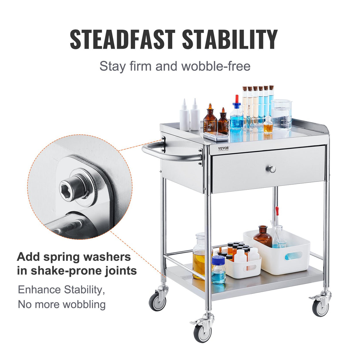 VEVOR Medical Cart 2 Layer stainless Steel Cart100 kg Weight Capacity Utility Cart Silent Wheels and a Drawer for Lab Clinic kitchen Salon