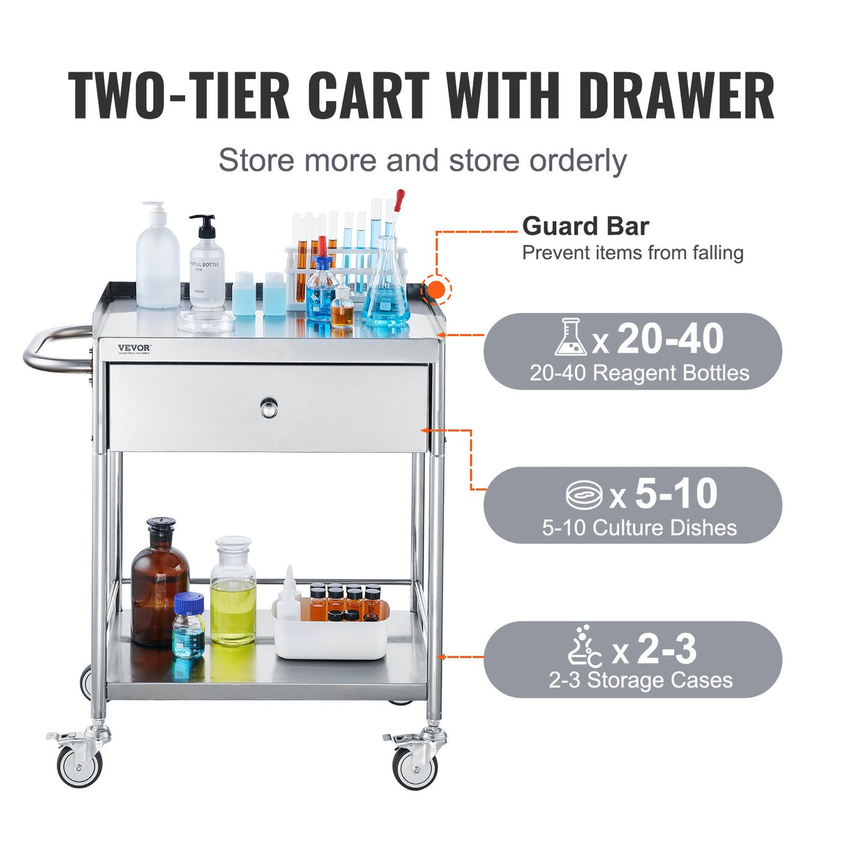 VEVOR Medical Cart 2 Layer stainless Steel Cart100 kg Weight Capacity Utility Cart Silent Wheels and a Drawer for Lab Clinic kitchen Salon