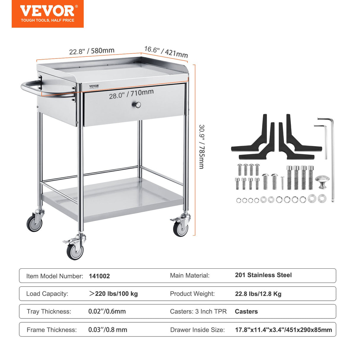 VEVOR Medical Cart 2 Layer stainless Steel Cart100 kg Weight Capacity Utility Cart Silent Wheels and a Drawer for Lab Clinic kitchen Salon