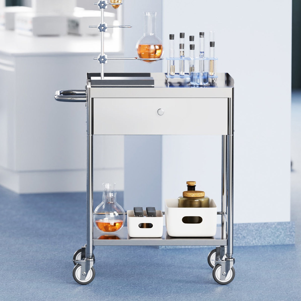 VEVOR Medical Cart 2 Layer stainless Steel Cart100 kg Weight Capacity Utility Cart Silent Wheels and a Drawer for Lab Clinic kitchen Salon