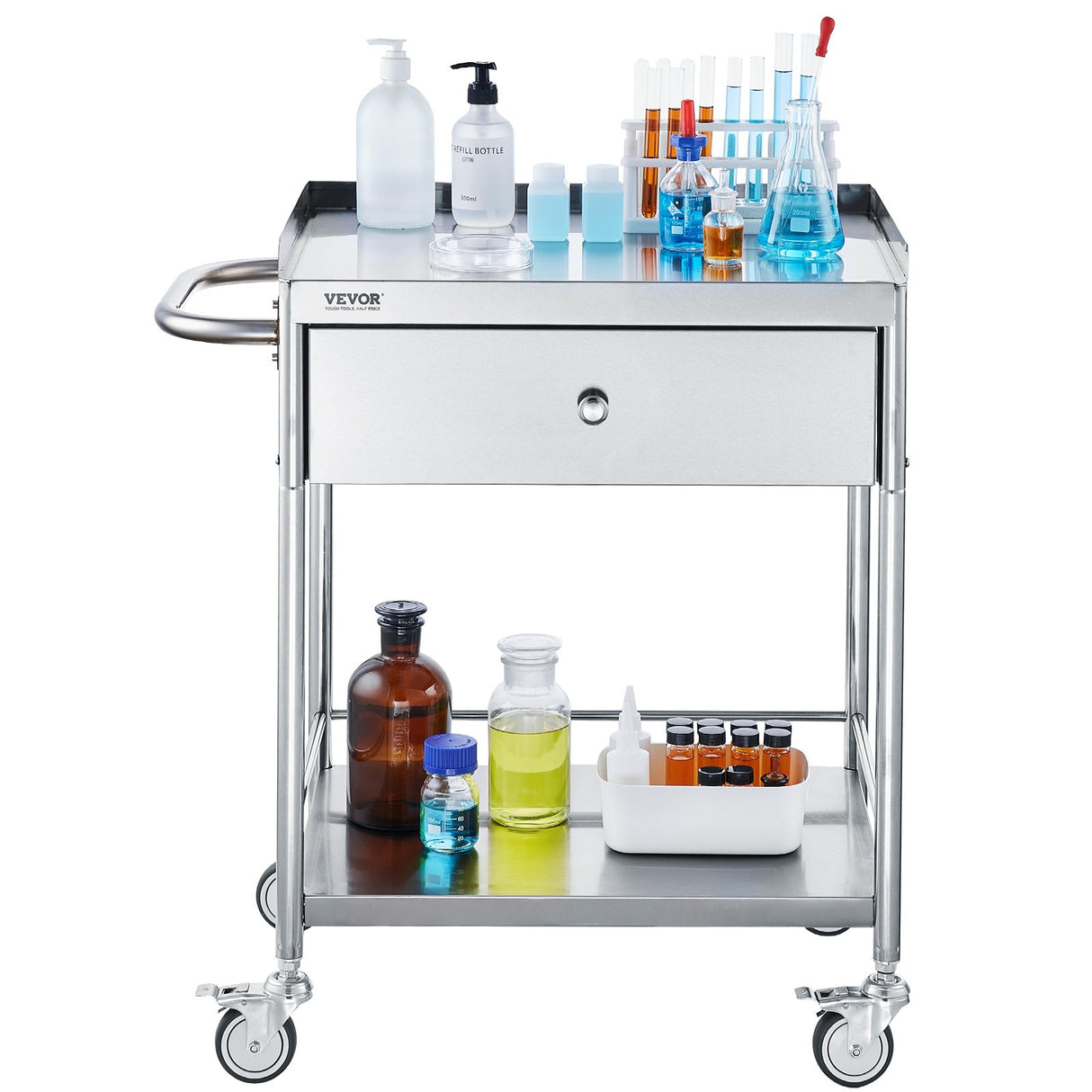 VEVOR Medical Cart 2 Layer stainless Steel Cart100 kg Weight Capacity Utility Cart Silent Wheels and a Drawer for Lab Clinic kitchen Salon