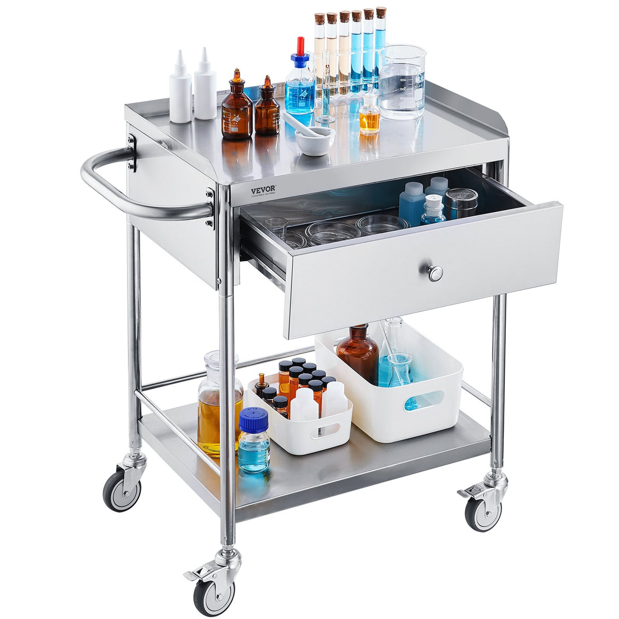 VEVOR Medical Cart 2 Layer stainless Steel Cart100 kg Weight Capacity Utility Cart Silent Wheels and a Drawer for Lab Clinic kitchen Salon