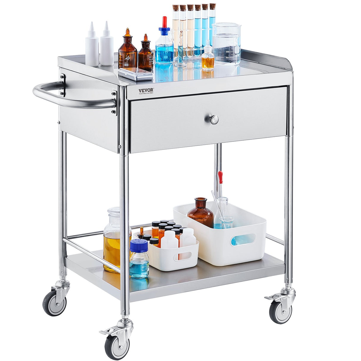 VEVOR Medical Cart 2 Layer stainless Steel Cart100 kg Weight Capacity Utility Cart Silent Wheels and a Drawer for Lab Clinic kitchen Salon