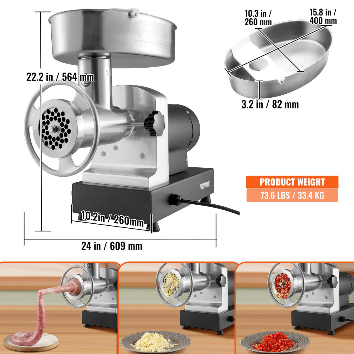 Electric Meat Grinder, 9.5 Kg/Min Capacity, Countertop Industrial Meat Mincer w/ Blade, Grinding Plate, Sausage Maker & Kubbe Kit, Carbon Steel Commercial Meat Grinder for Kitchen Restaurant