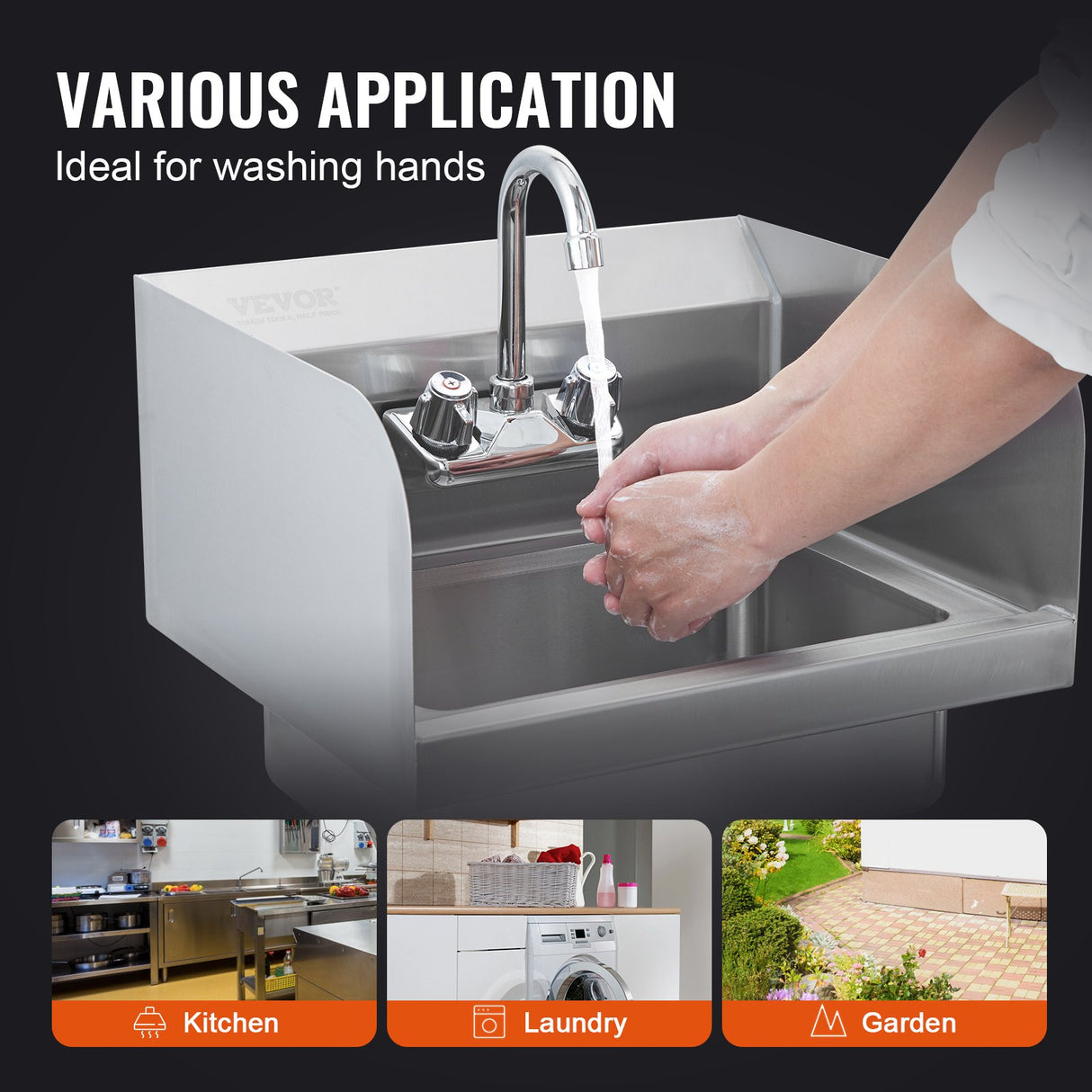 VEVOR Commercial Hand Sink with Faucet and Side Splash, NSF Stainless Steel Sink for Washing, Small Hand Washing Sink, Wall Mount Hand Basin for Restaurant, Kitchen, Bar, Garage and Home, 43x33 cm