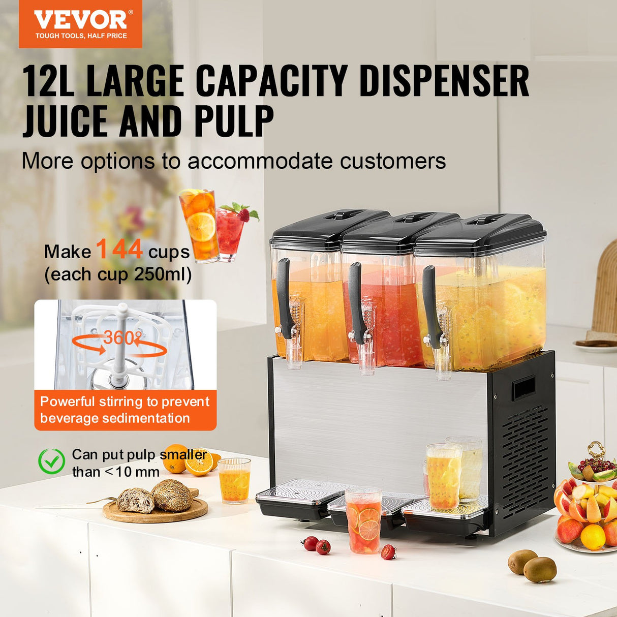 VEVOR Commercial Beverage Dispenser, 3 Tanks 12 L Per Tank Juice Dispenser, 370W Stainless Steel Ice Tea Drink Machine with 7℃-12℃ Cooling Temperature, for Cold Drink Restaurant Bar Party