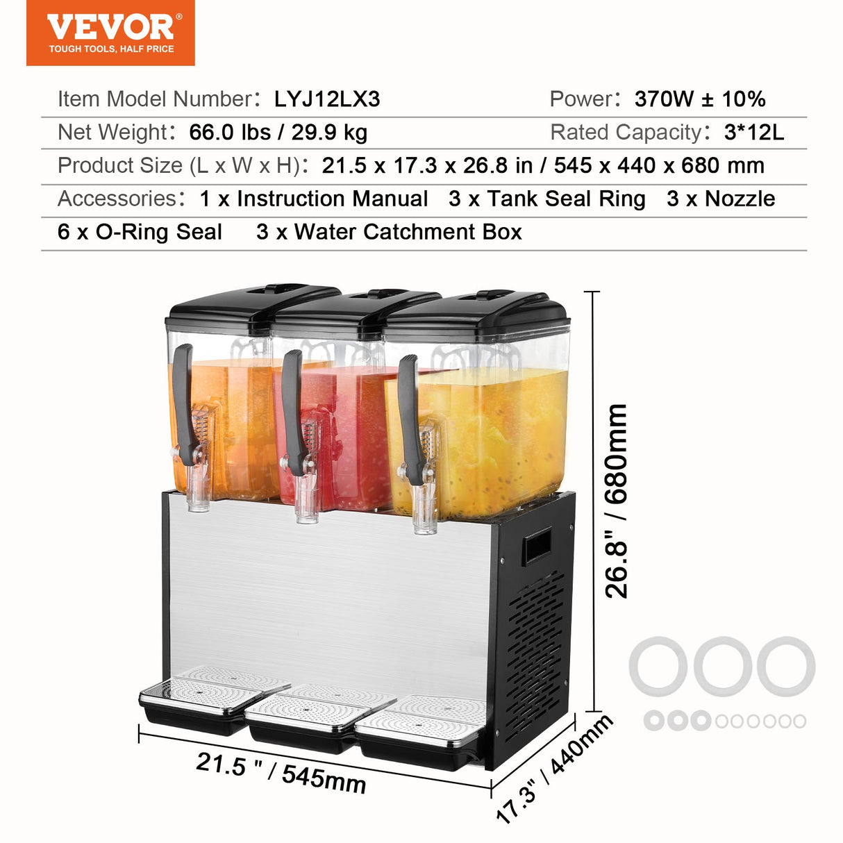 Commercial Beverage Dispenser, 3 Tanks 12 L Per Tank Juice Dispenser, 370W Stainless Steel Ice Tea Drink Machine with 7℃-12℃ Cooling Temperature, for Cold Drink Restaurant Bar Party