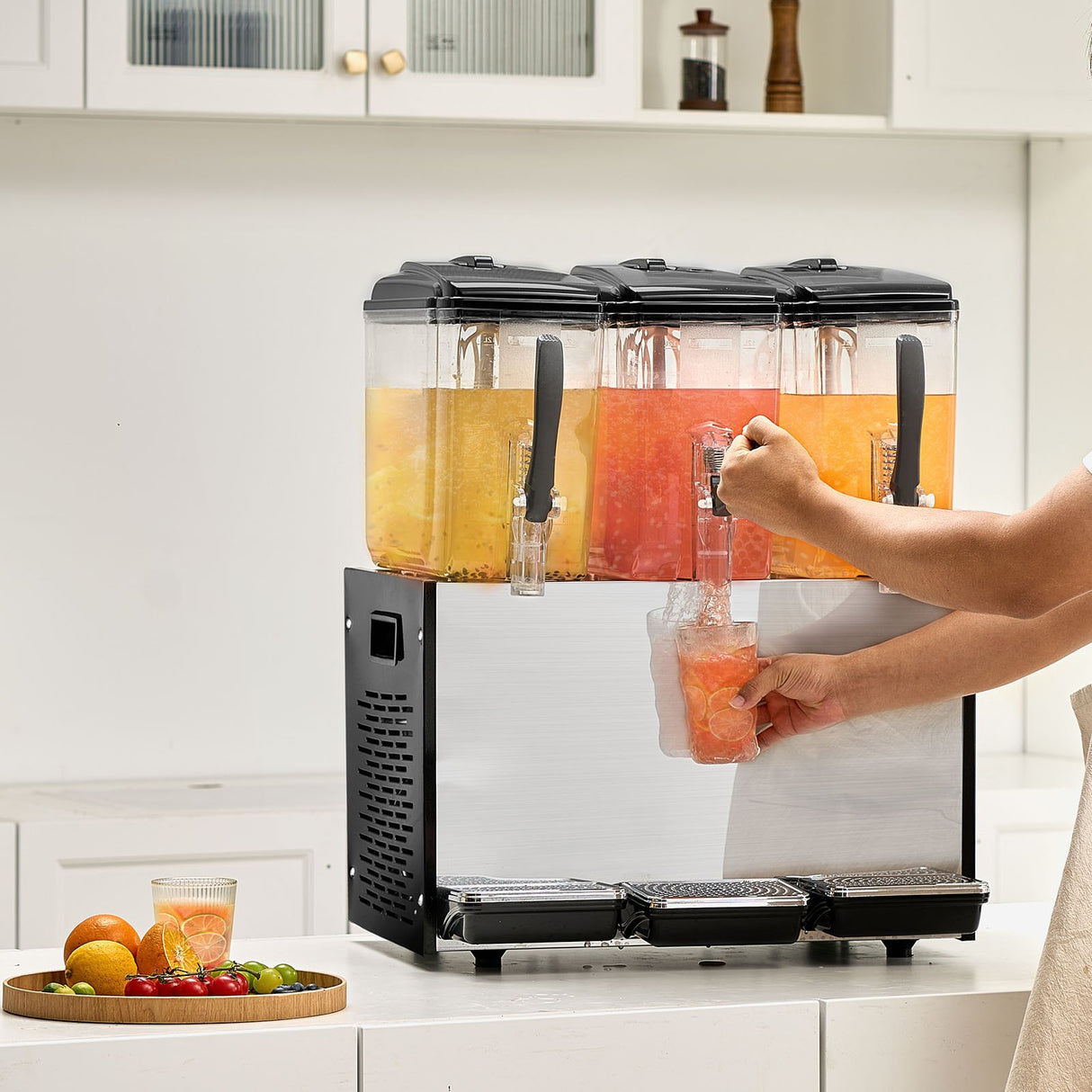 Commercial Beverage Dispenser, 3 Tanks 12 L Per Tank Juice Dispenser, 370W Stainless Steel Ice Tea Drink Machine with 7℃-12℃ Cooling Temperature, for Cold Drink Restaurant Bar Party