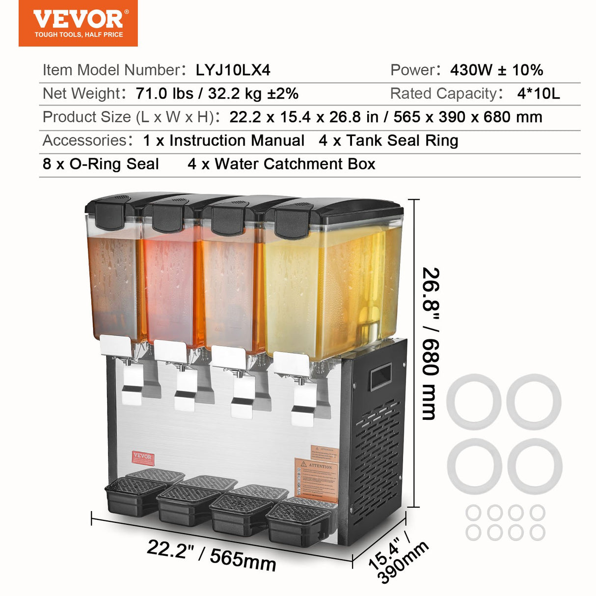 VEVOR Commercial Beverage Dispenser 10L x 4 Tanks Cold Juice Ice Drink Dispenser