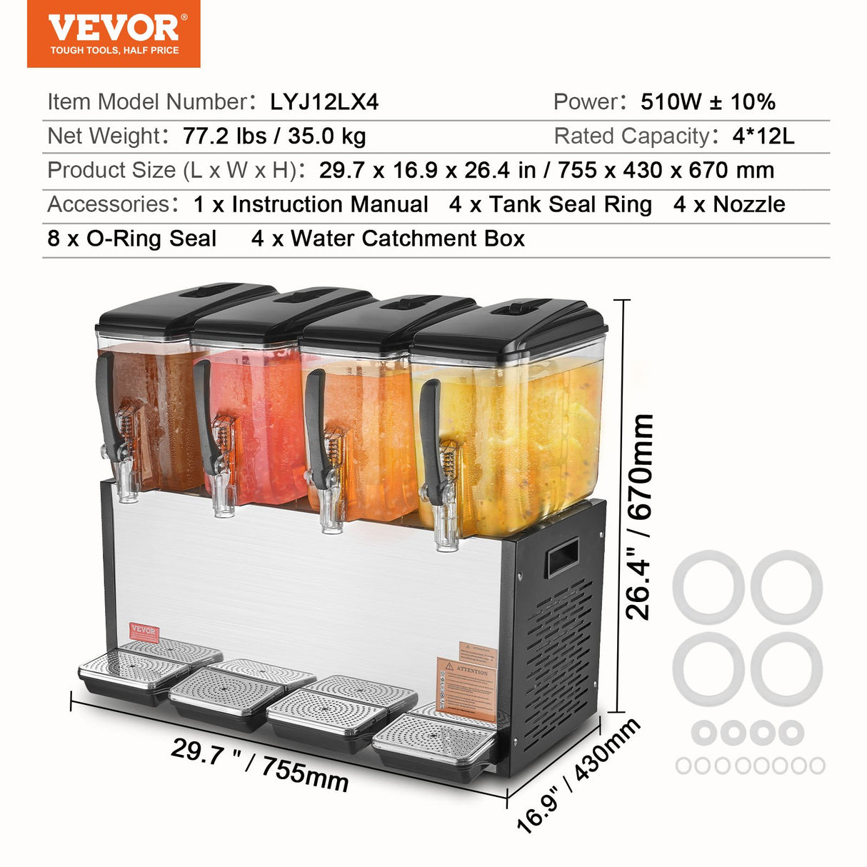 VEVOR Commercial Beverage Dispenser, 4 Tanks 12 L Per Tank Juice Dispenser, 510W Stainless Steel Ice Tea Drink Machine with 7℃-12℃ Cooling Temperature, for Cold Drink Restaurant Bar Party