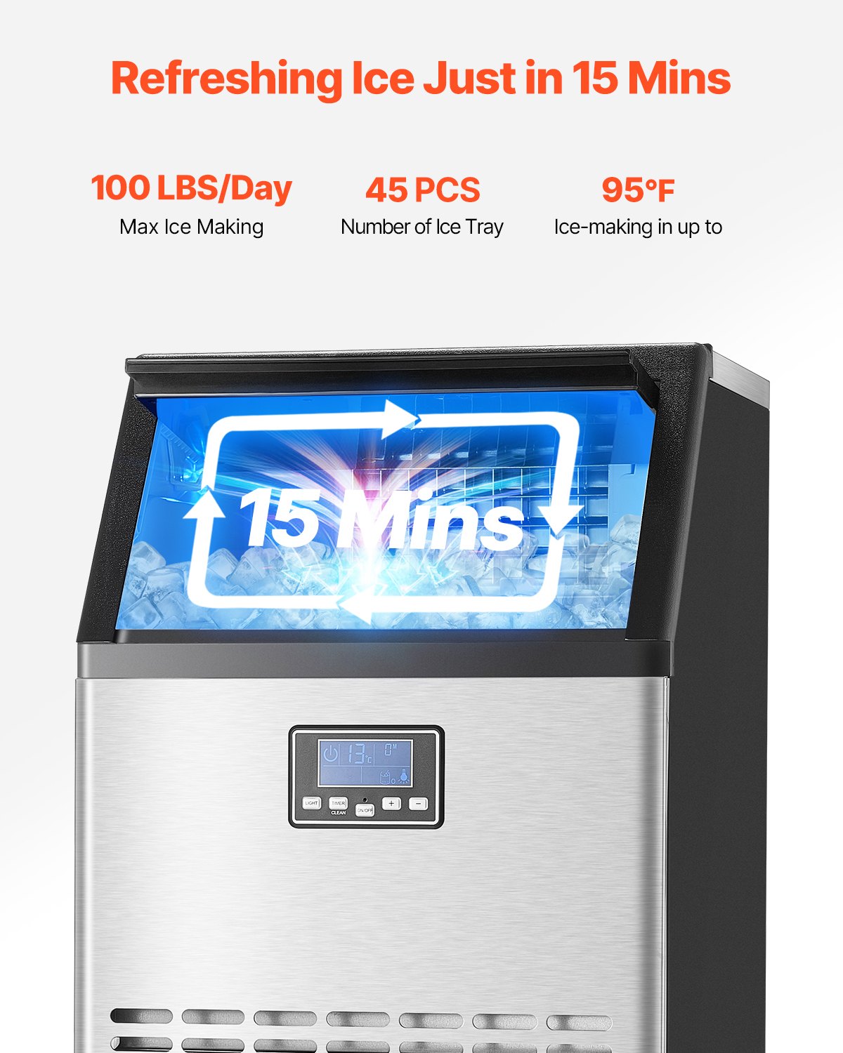 Commercial Ice Maker Machine, 100lbs/24H Ice Maker Machine with 33lbs Storage Capacity, 45 Ice Cubes in 15 Minutes, LED Digital Display Freestanding Self-Cleaning for Bar Office Restaurant