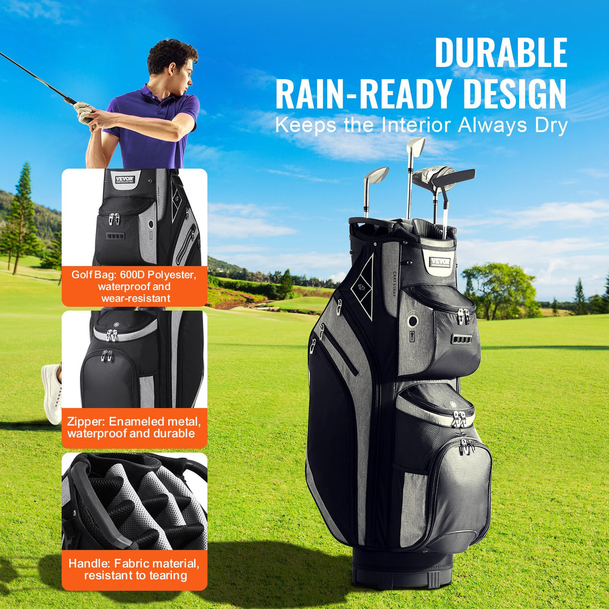 Golf Cart Bag with 14 Way Organizer Divider Top, 13 Pockets Premium Cart Bag, Durable 600D Polyester Fabric Golf Bags with Handles & Dust Cover & Detachable Straps for Men & Women, Black Color-Block