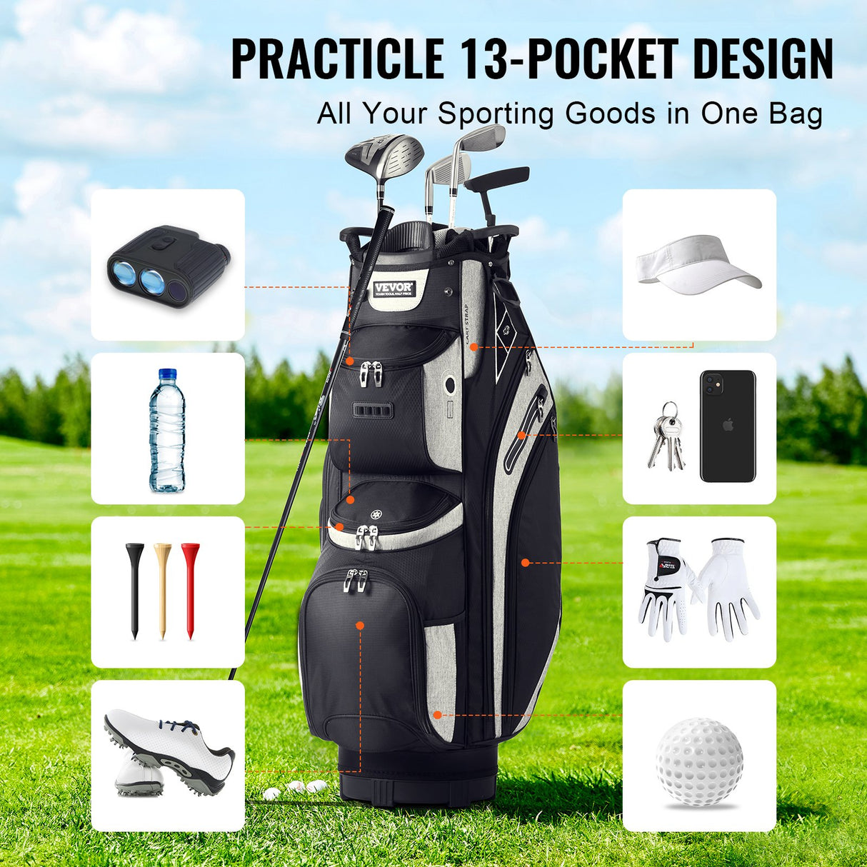 VEVOR Golf Cart Bag with 14 Way Organizer Divider Top, 13 Pockets Premium Cart Bag, Durable 600D Polyester Fabric Golf Bags with Handles & Dust Cover
