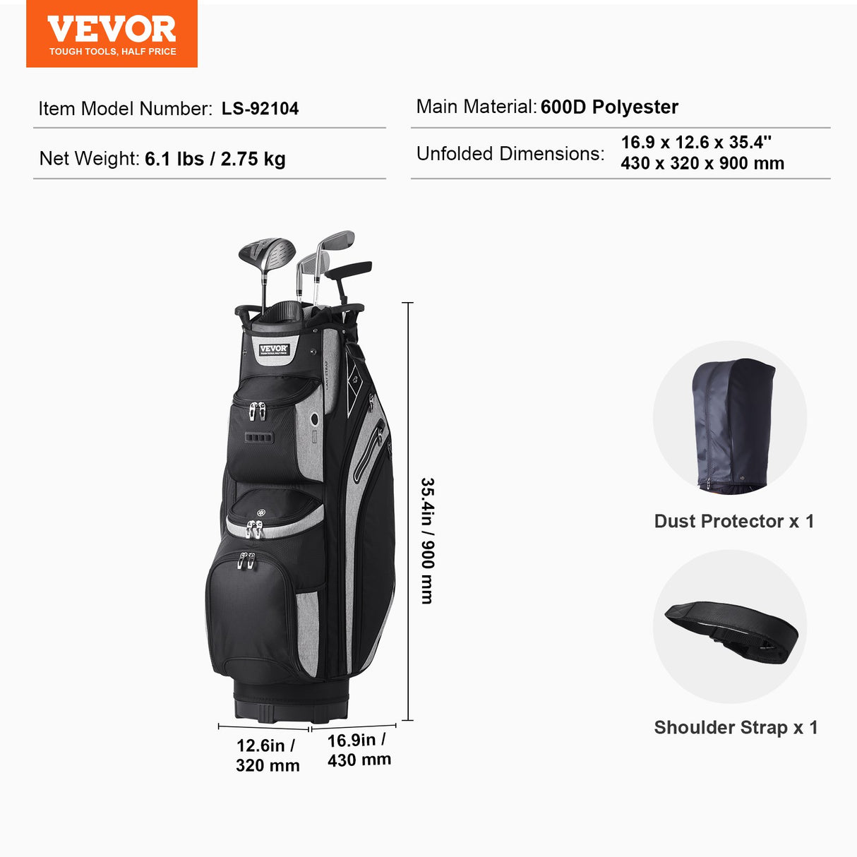 VEVOR Golf Cart Bag with 14 Way Organizer Divider Top, 13 Pockets Premium Cart Bag, Durable 600D Polyester Fabric Golf Bags with Handles & Dust Cover