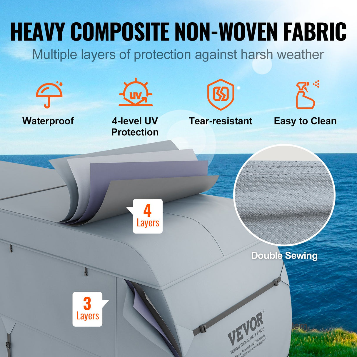 VEVOR Travel Trailer Cover, 9.1-9.8m RV Cover, 4-Layer Non-Woven Fabric Camper Cover, Waterproof, Windproof And Wear-Resistant Class A RV Cover, Rip-Stop Camper Cover with Storage Bag and Patches