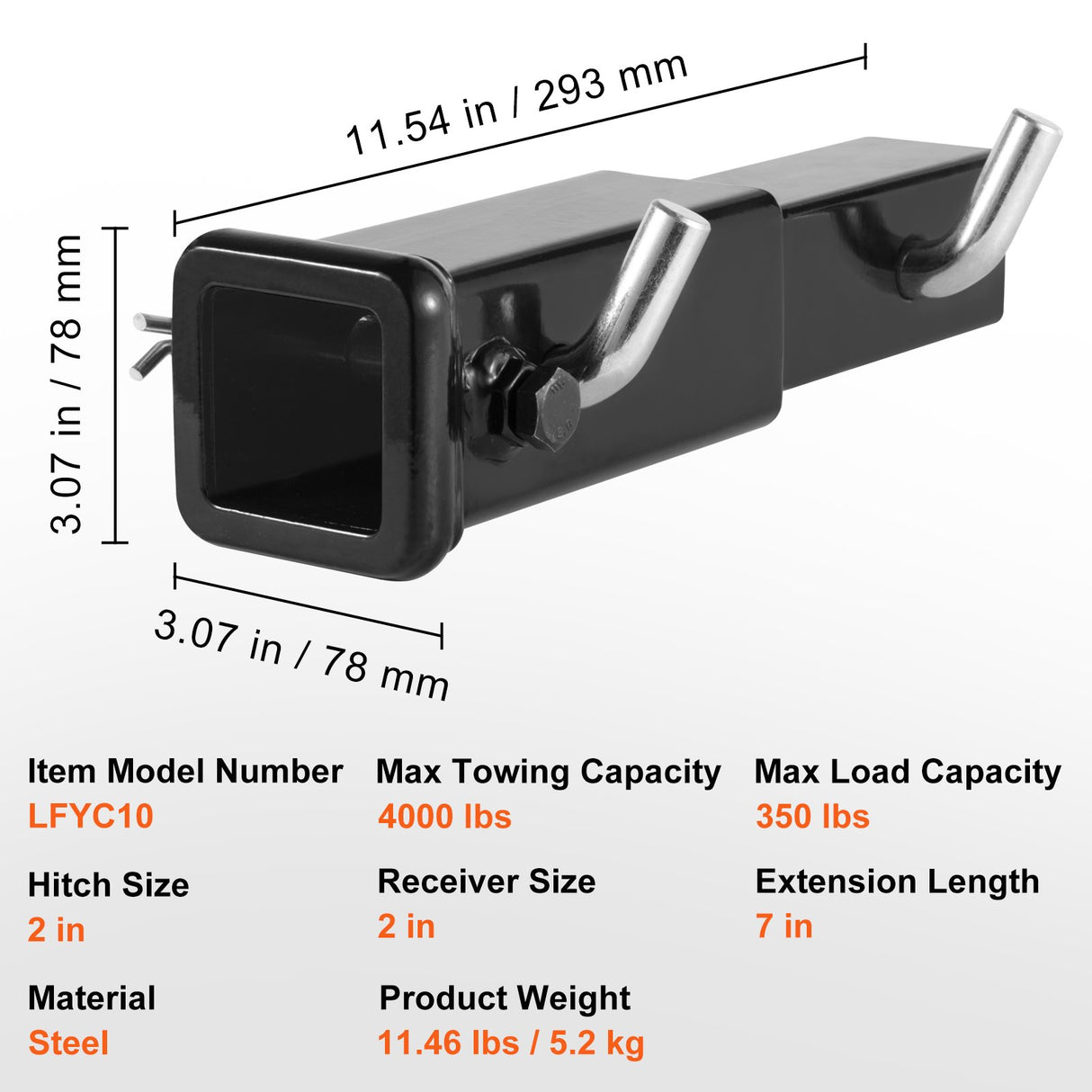 VEVOR Trailer Hitch Extender, Fits for 2" Receiver Hitch Adapter, Trailer Hitch Extension Tube Extender, 7" Extension Length, 4000 lbs Towing Capacity