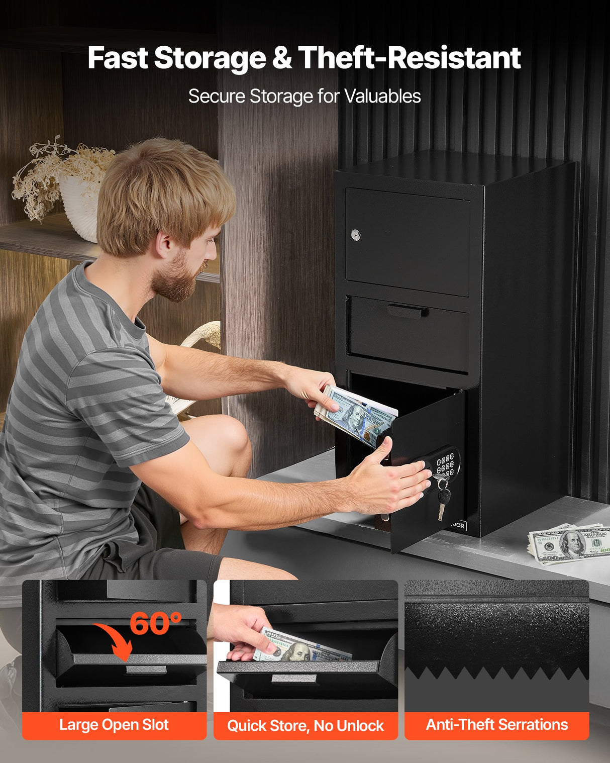 3.6 Cubic Feet Drop Safe, Large Capacity Front Drop Slot Safe Box with Digital Keypad, Heavy Duty 3 Tiers Cash Depository Box with Spare Keys for Cash, Bank Slip, Jewelry, Document, Bill, Black