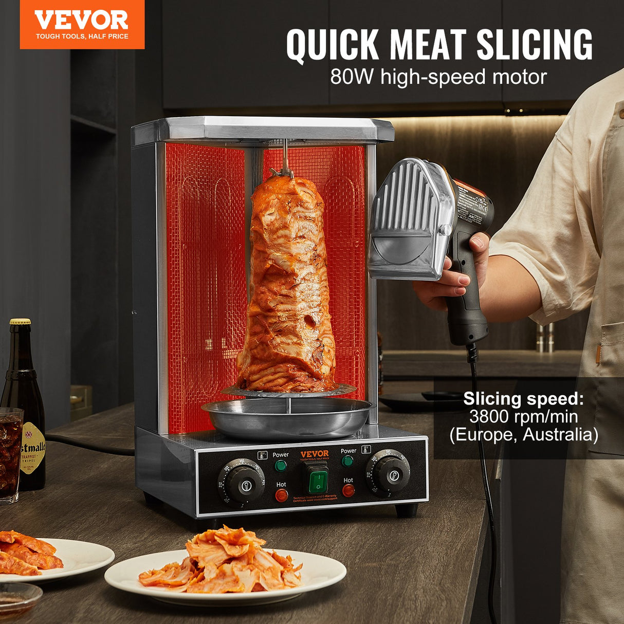 VEVOR Electric Shawarma Knife, 80W Professional Turkish Kebab Knife, Commercial Stainless Steel Gyro