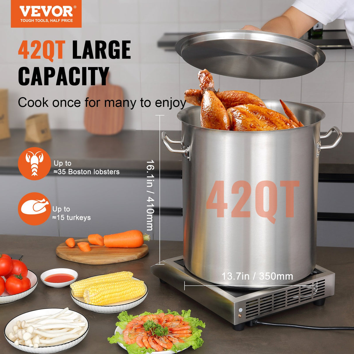 VEVOR Stainless Steel Stockpot, 42 Quart Large Cooking Pots, Multipurpose Cookware Sauce Pot with Li