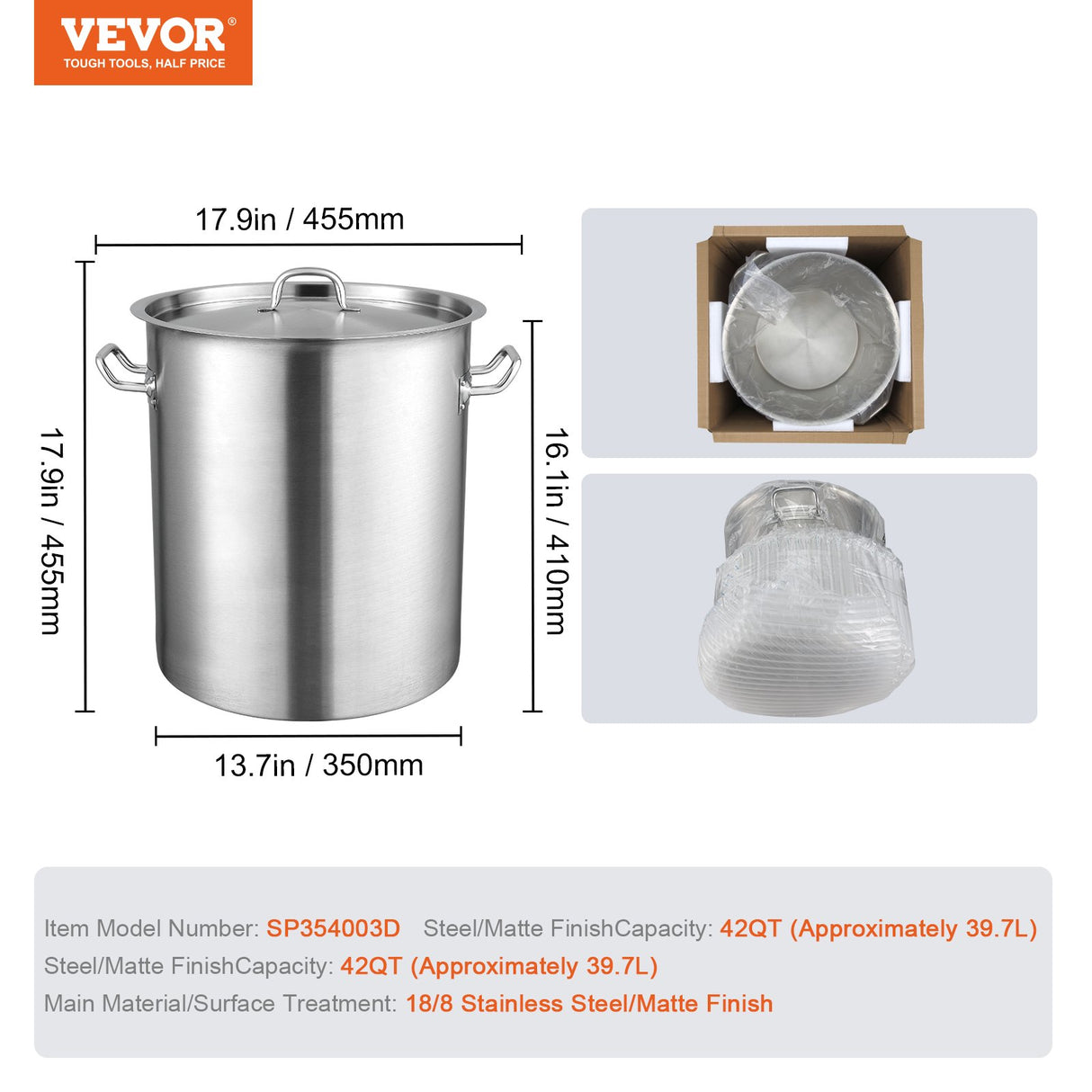 VEVOR Stainless Steel Stockpot, 42 Quart Large Cooking Pots, Multipurpose Cookware Sauce Pot with Li