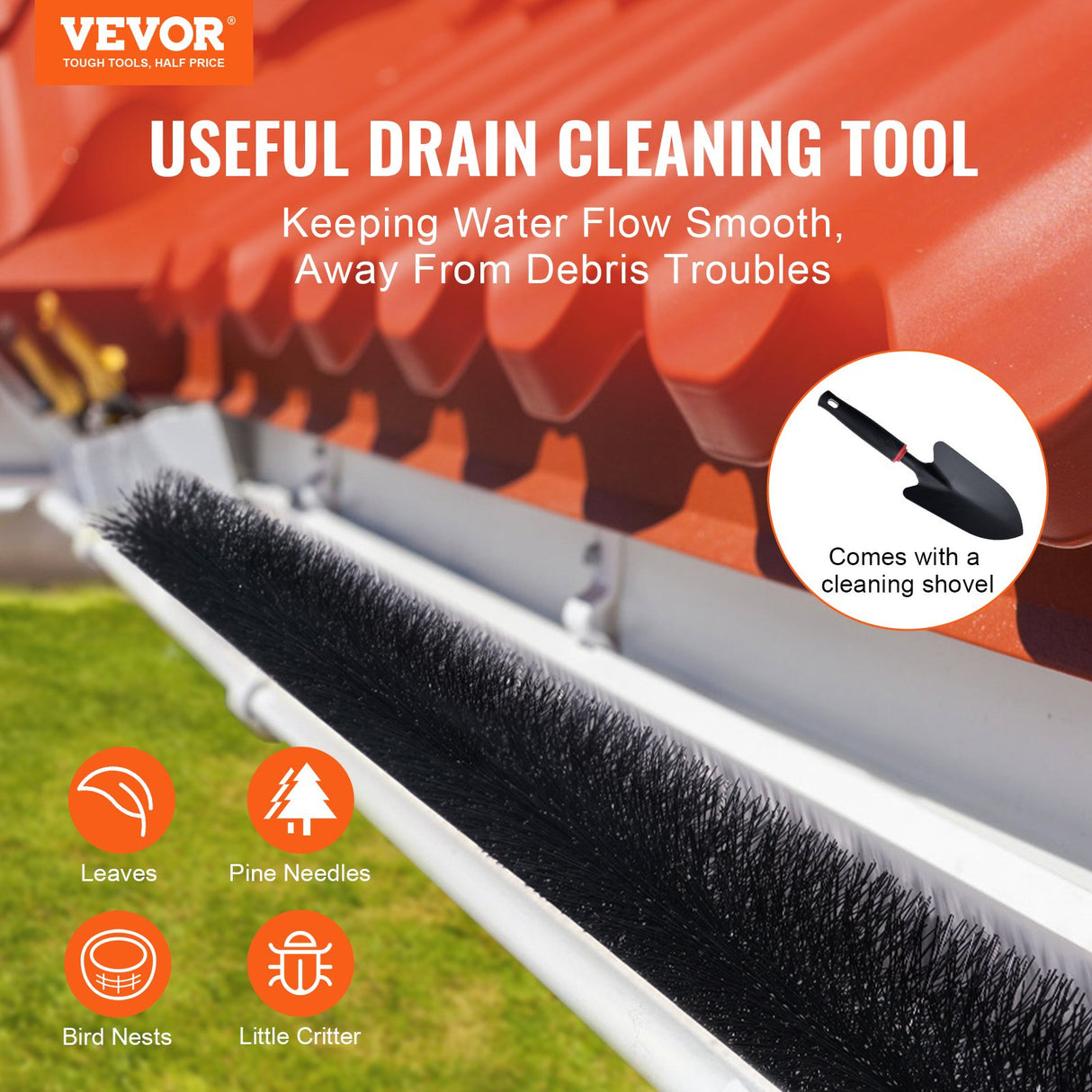VEVOR Gutter Brush, 30 Feet Total Length 4.33 inch Diameter Gutter Cleaning Tools, Ground-Level Gutter Brush Leaf Guard for 5 Inch Gutters, Easily Clear roof Leaves and Debris, 10 Pack
