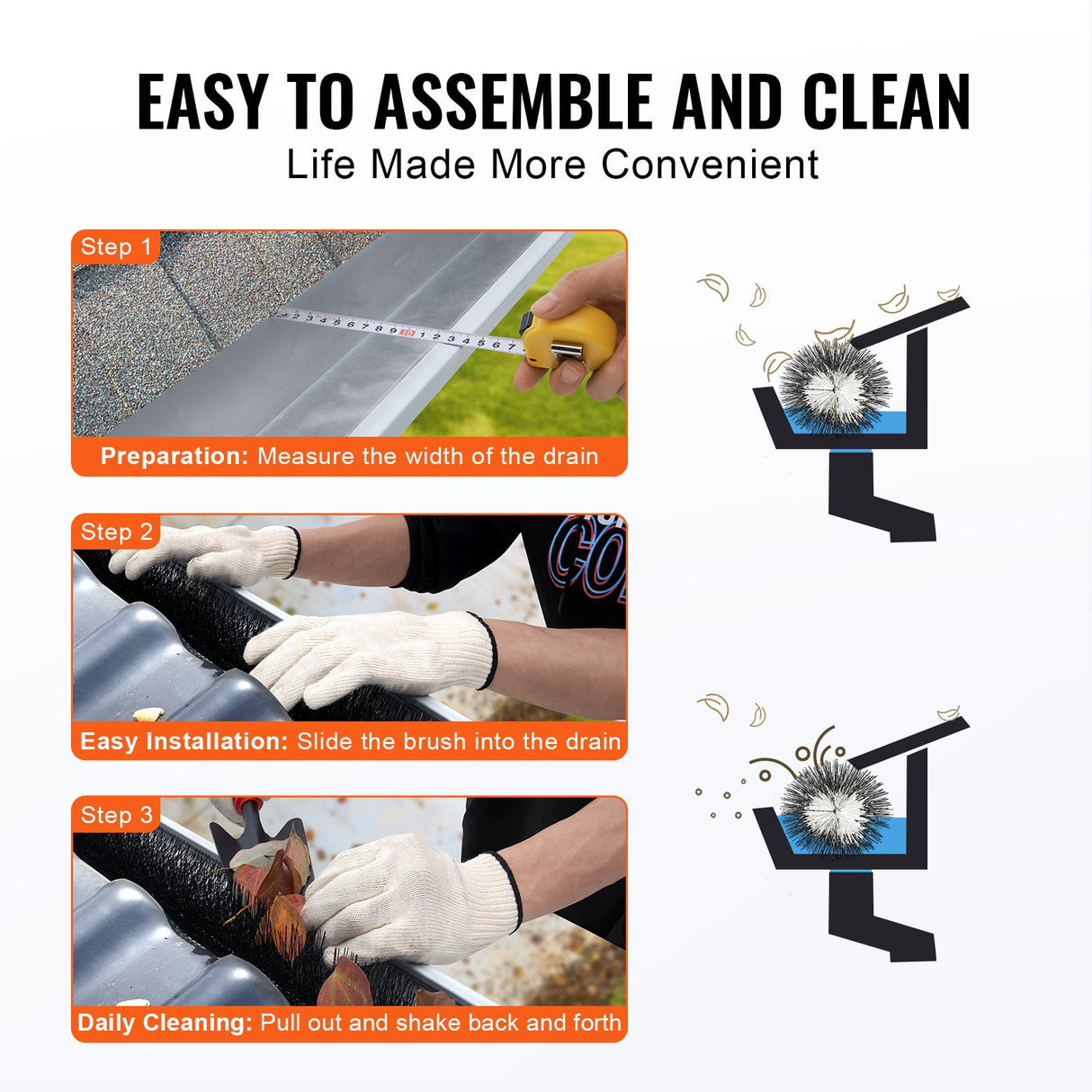 VEVOR Gutter Brush, 80 Feet Total Length 4.33 inch Diameter Gutter Cleaning Tools, Ground-Level Gutter Brush Leaf Guard for 5 Inch Gutters, Easily Clear roof Leaves and Debris, 27 Pack