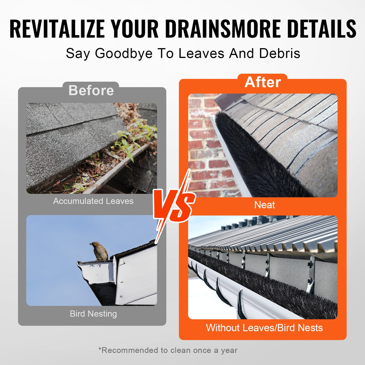 VEVOR Gutter Brush, 80 Feet Total Length 4.33 inch Diameter Gutter Cleaning Tools, Ground-Level Gutter Brush Leaf Guard for 5 Inch Gutters, Easily Clear roof Leaves and Debris, 27 Pack