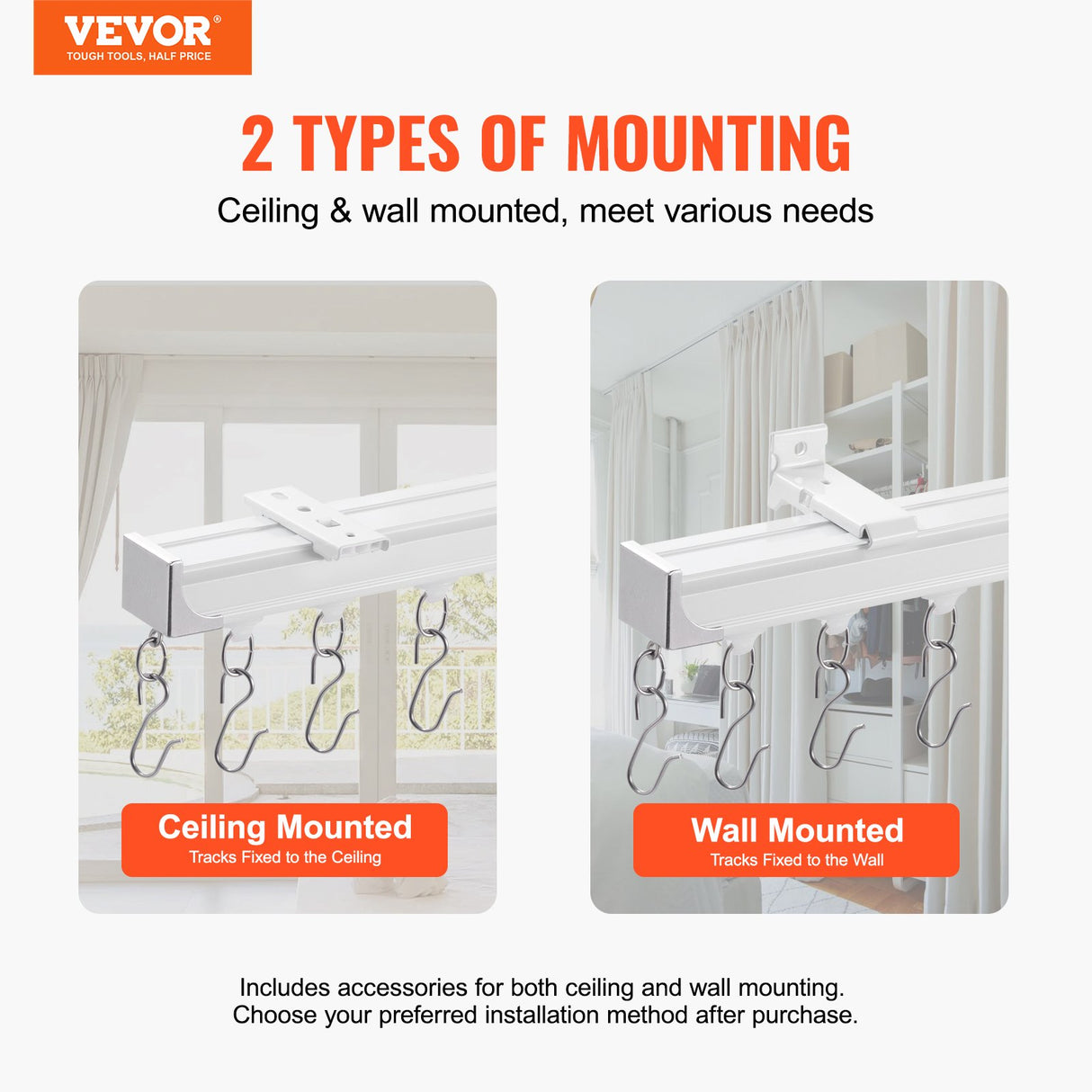 VEVOR Ceiling Curtain Track Set 5.9 FT/1.8 Meter_oom Divider with Hooks White