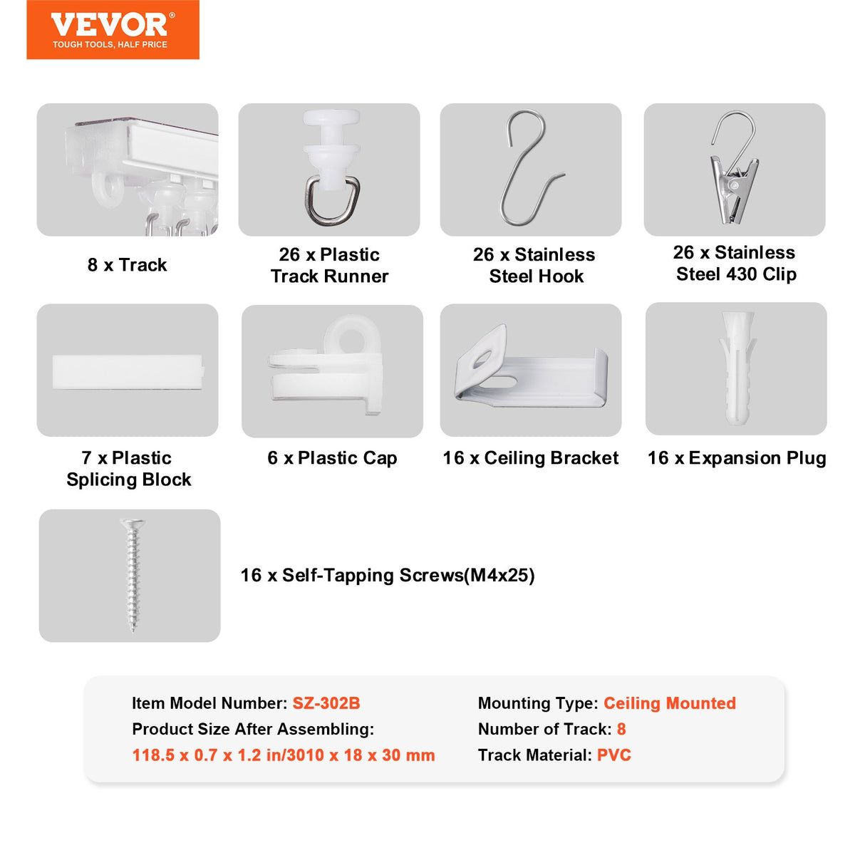 VEVOR Ceiling Curtain Track Set, 9.9 FT/3 Meter, Self Adhesive, No Drill Ceiling Track System for Curtains, Room Divider Curtain Track Ceiling Mounted for Living Room with Hooks and Hardware, White