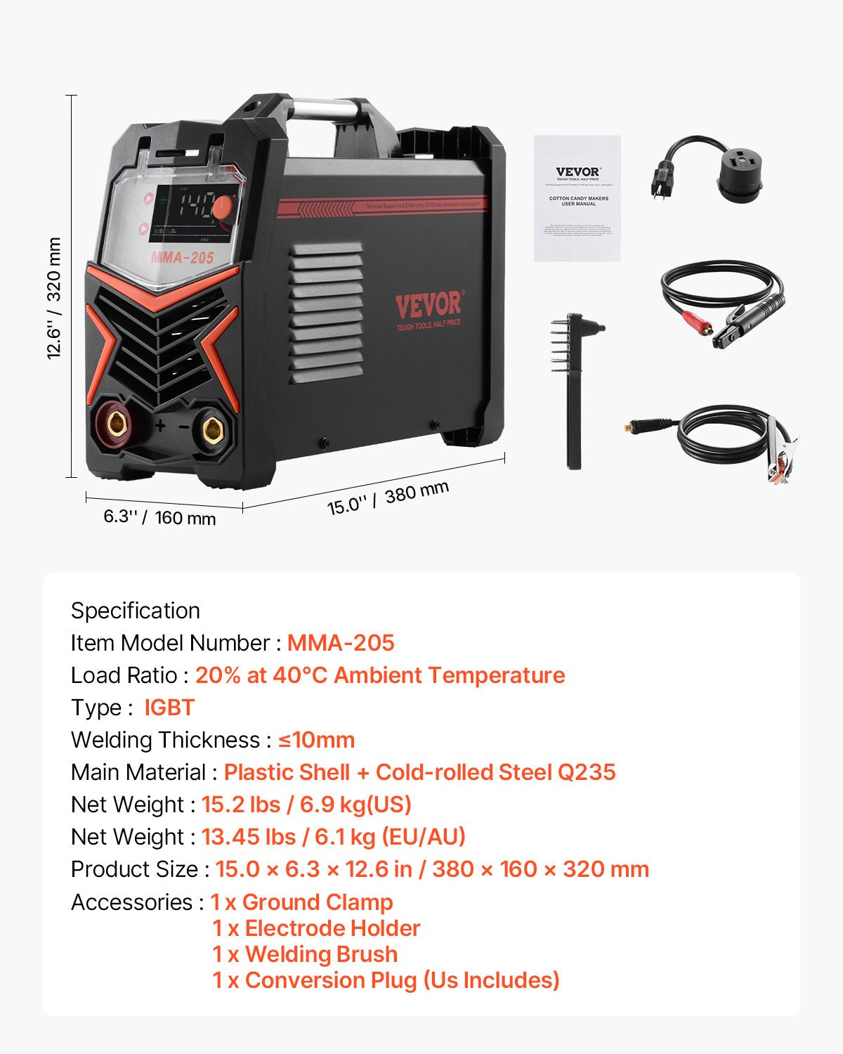 VEVOR TIG Welder 2-In-1 Welding Machine Lift MMA Stick Arc IGBT Hot Start LED