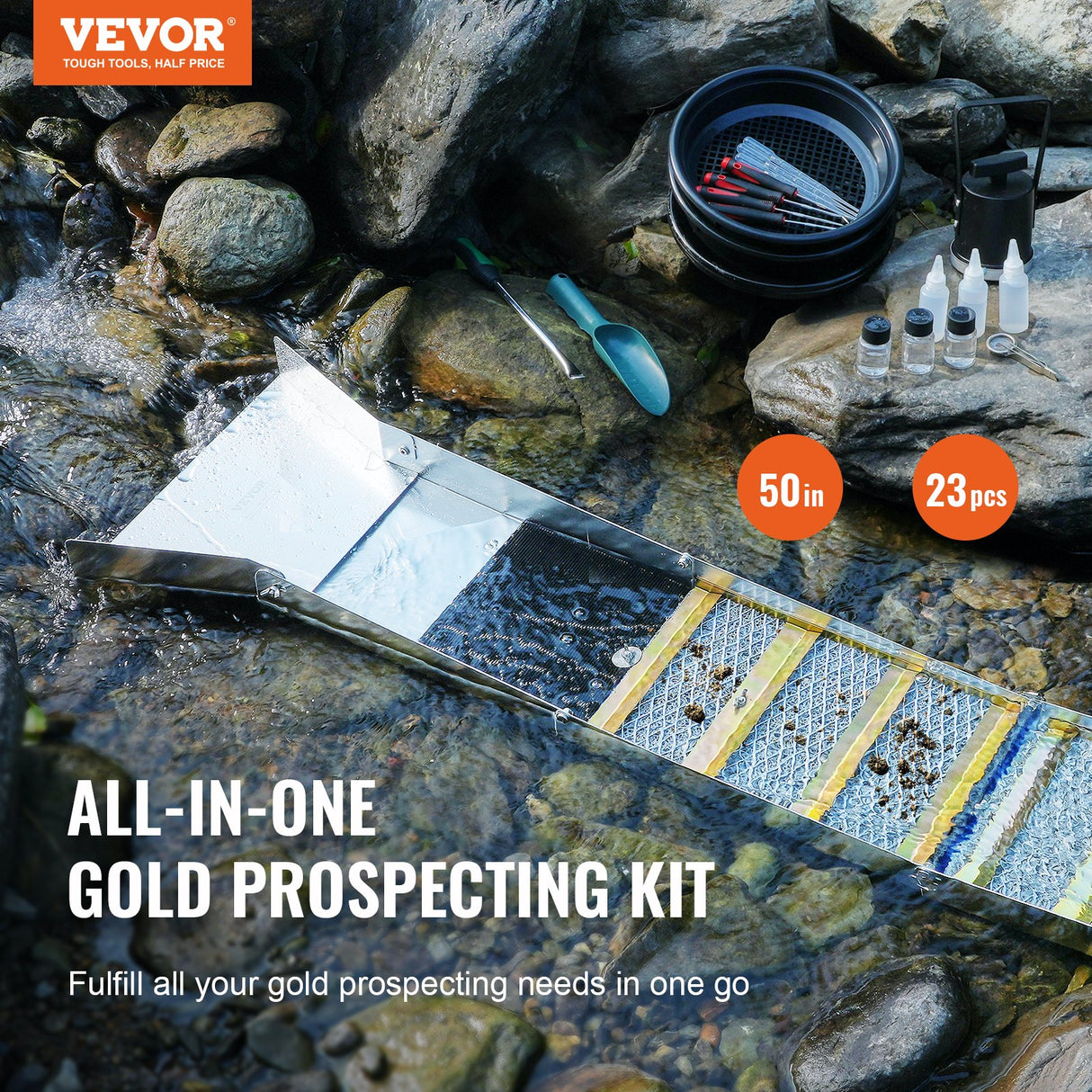 VEVOR Gold Panning Kit With Sluice Box, 50" Aluminum Gold Mining Equipment, 23 PCS Gold Prospecting Kit with Gold Pan, Classifier Screen, Separating Magnet, Drawstring Backpack and Accessories