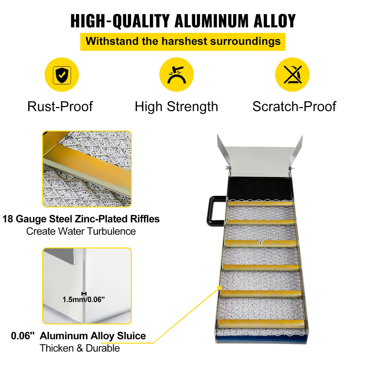 VEVOR Aluminum Alloy Sluice Box, Compact 36" Mini Sluice Boxes for Gold, Lightweight Gold Sluice Equipment, Portable Sluice Boxes with Miner\'s Moss, River, Creek, Gold Panning, Prospecting, Dredging