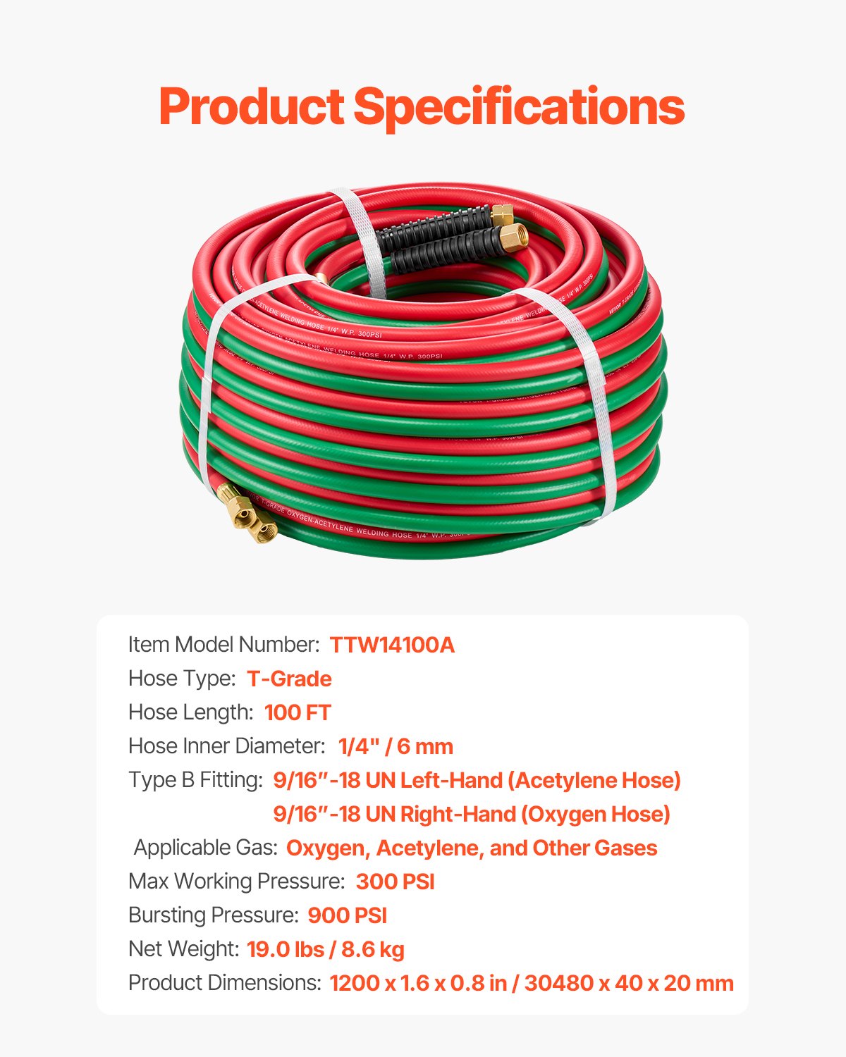 Oxygen Acetylene Hose 1/4-Inch x 100FT T Grade Hose 300PSI Max Working Pressure