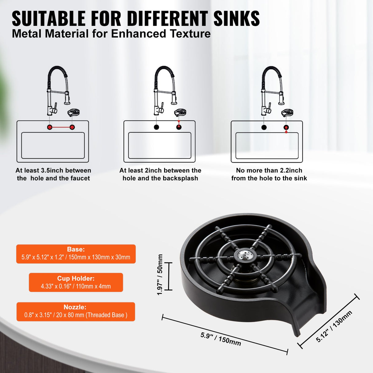VEVOR Glass Rinser, 10 Powerful Spraying Jets Rotating Cup Rinser for Sink, Wearproof ABS Kitchen Sink Faucet Cup Washer & ABS Cup Holder for Baby