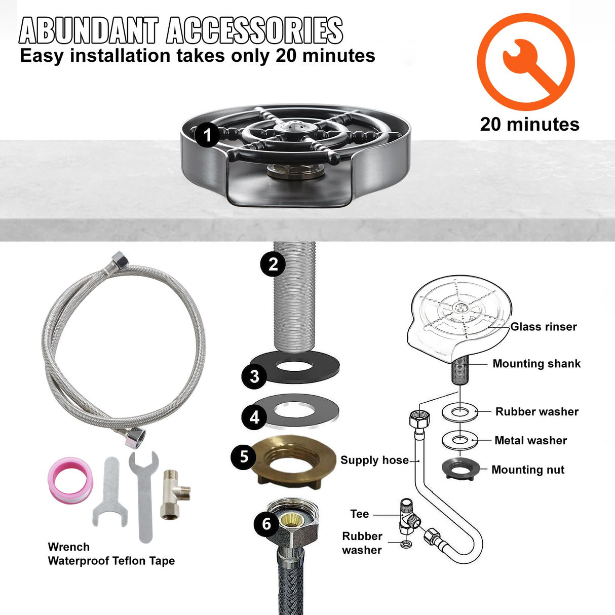 VEVOR Glass Rinser 10-Hole Rotating Stainless Steel Washer ABS Cup Holder