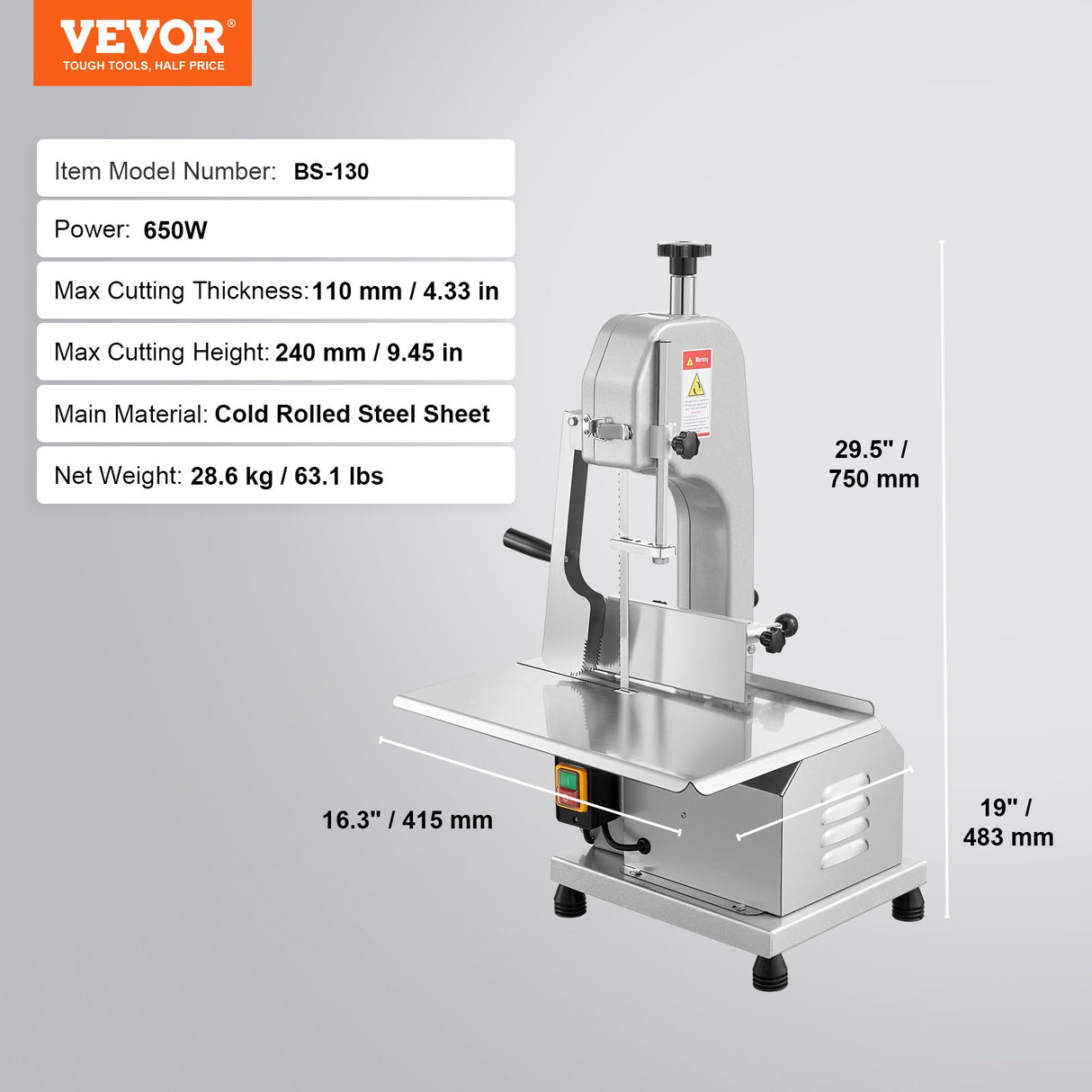 VEVOR 650W Commercial Electric Meat Bandsaw Stainless Steel Bone Sawing Machine