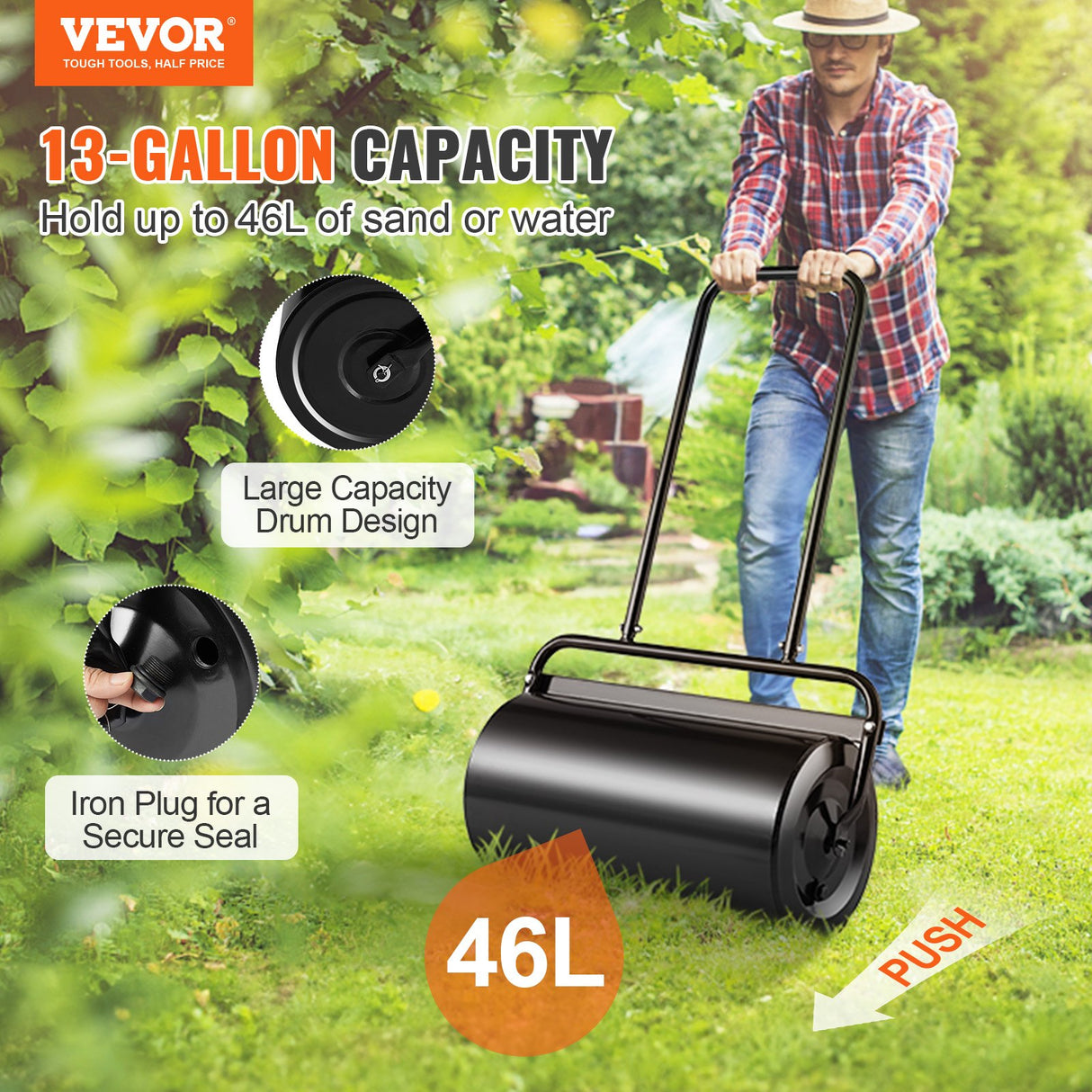 VEVOR Lawn Roller, 13 Gallon 24Inch Sand/Water Filled Yard Roller, Steel Sod Roller with Easy-turn Plug and U-Shaped Ergonomic Handle for Convenient Push and Pull, for Lawn, Garden, Farm, Park, Black