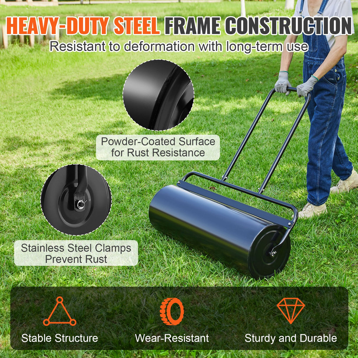 VEVOR Lawn Roller, 17 Gallon 36 Inch Sand/Water Filled Yard Roller, Steel Sod Roller with Easy-turn Plug and U-Shaped Ergonomic Handle for Convenient Push and Pull, for Lawn, Garden, Farm, Park, Black