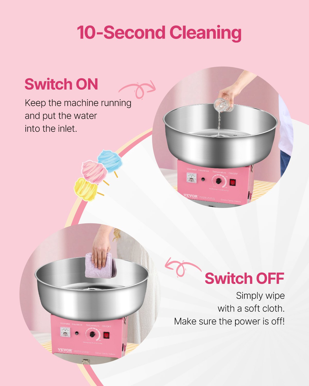 VEVOR Electric Cotton Candy Machine, 1000W Commercial Candy Floss Maker with 52cm Stainless Steel Bowl, Sugar Scoop, and Drawer, Easy Home Use, Perfect for Kids Birthday, Family Party, Pink