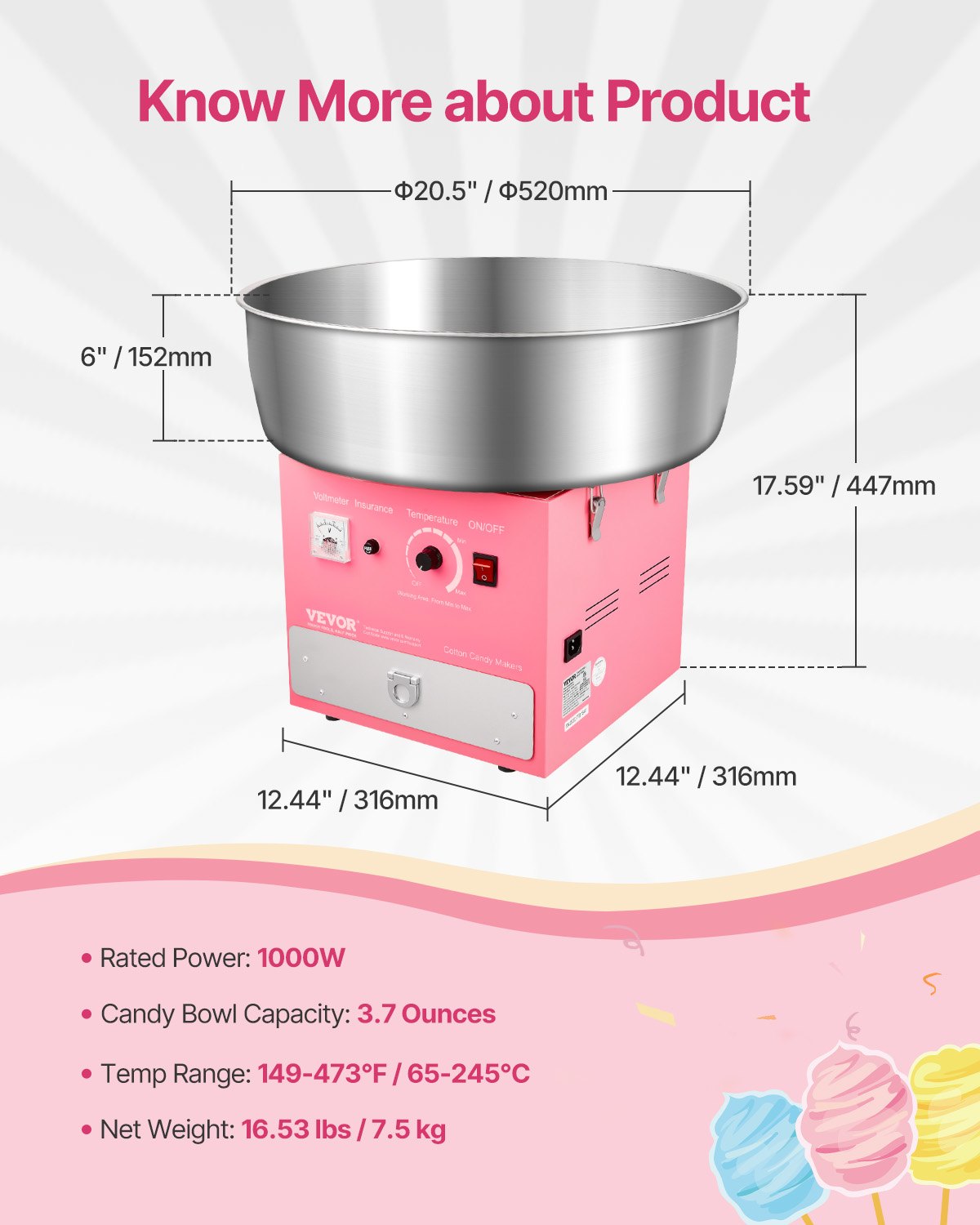 VEVOR Electric Cotton Candy Machine, 1000W Commercial Candy Floss Maker with 52cm Stainless Steel Bowl, Sugar Scoop, and Drawer, Easy Home Use, Perfect for Kids Birthday, Family Party, Pink