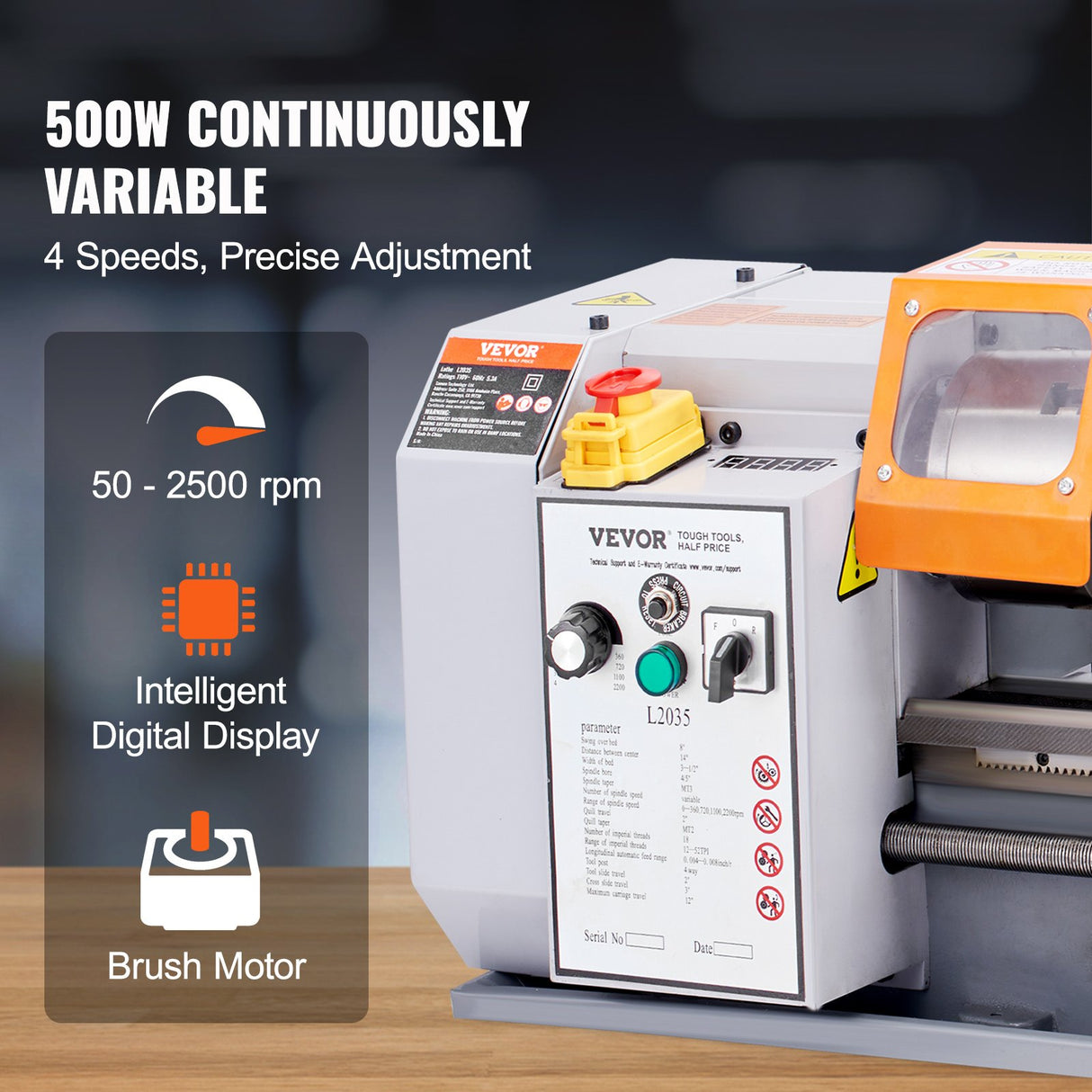 VEVOR Metal Lathe Machine, 200 mm x 350 mm, Precision Benchtop Power Metal Lathe, 50-2500 RPM Continuously Variable Speed, 600W Brush Motor Metal
