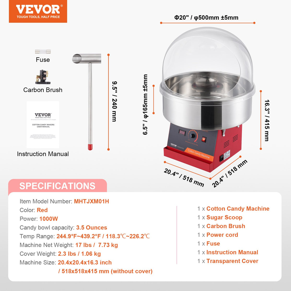 Electric Cotton Candy Machine, 1000W Candy Floss Maker, Commercial Cotton Candy Machine with Cover, Stainless Steel Bowl, and Sugar Scoop, Perfect for Home Kids Birthday, Family Party (Red)