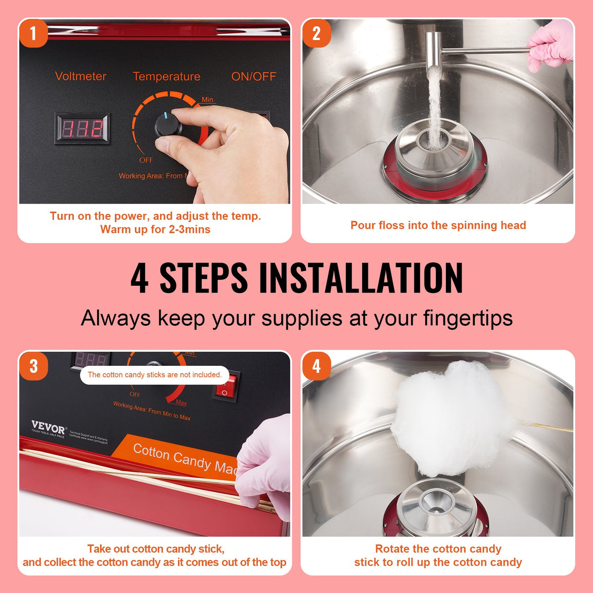 VEVOR Electric Cotton Candy Machine, 1000W Candy Floss Maker, Commercial Cotton Candy Machine with Stainless Steel Bowl, and Sugar Scoop, Perfect for