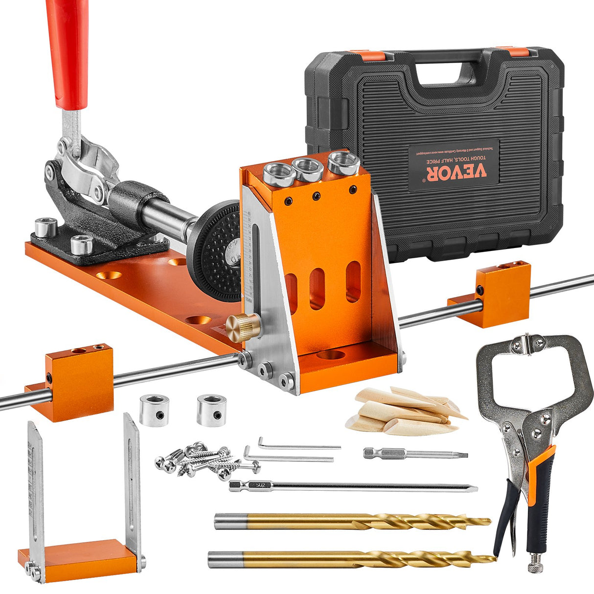 VEVOR Pocket Hole Jig Kit, 34 Pcs Pocket Hole Jig System with C-clamp, Fixture, Step Drills, Wrenches, Drill Stop Rings, Square Drive Bits, Toolbox, for DIY Carpentry Projects, Adjustable