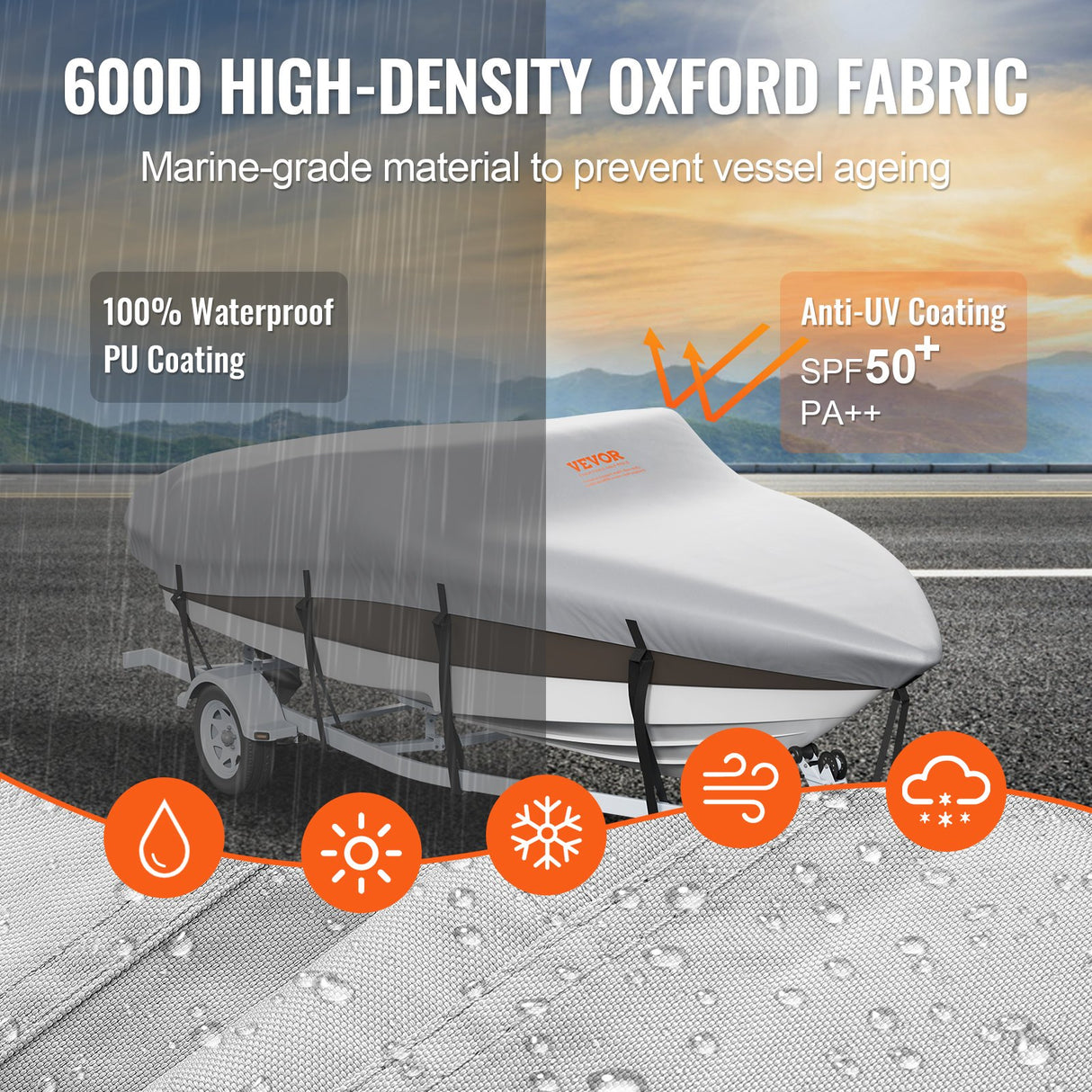 Boat Cover 600D Waterproof 20-22 ft Boat Cover V-Hull Tri-Hull Runabout