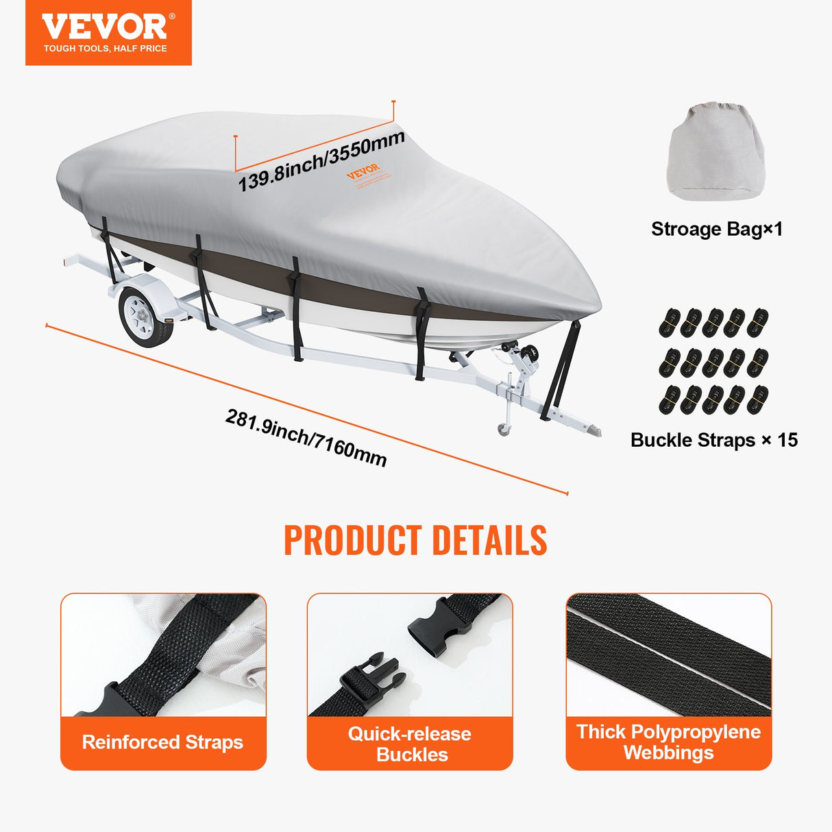 Boat Cover 600D Waterproof 20-22 ft Boat Cover V-Hull Tri-Hull Runabout