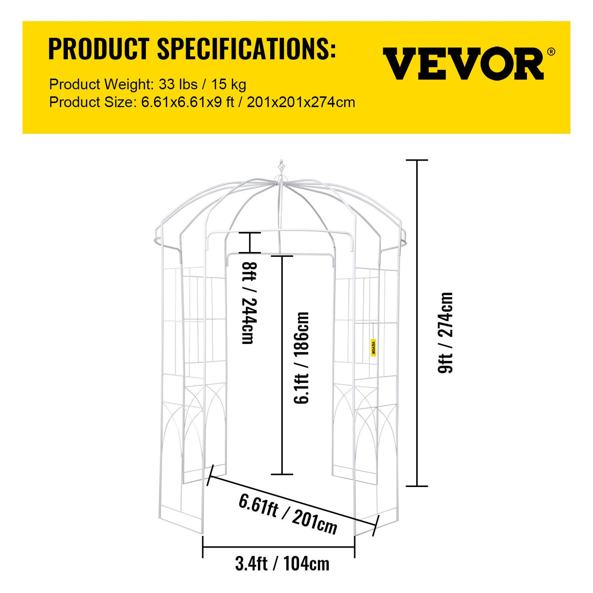VEVOR Birdcage Shape Garden Arbor, 9\' High x 6.6\' Wide, Heavy Duty Wrought Iron Arbor, Wedding Arch Trellis for Climbing Vines in Outdoor Garden, Lawn, Backyard, Patio, White