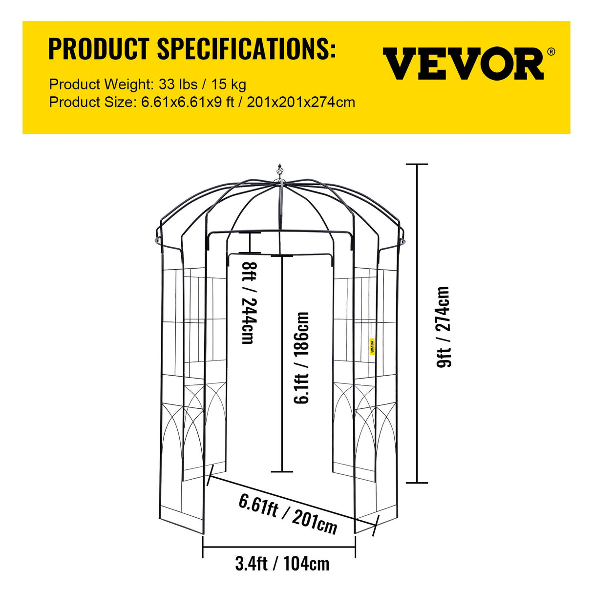 Birdcage Shape Garden Arbor, 9\' High x 6.6\' Wide, Heavy Duty Wrought Iron Arbor, Wedding Arch Trellis for Climbing Vines in Outdoor Garden, Lawn, Backyard, Patio, Black