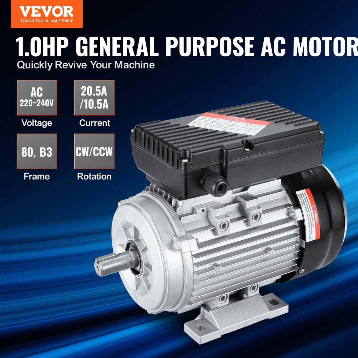 VEVOR 0.75KW Electric Motor 1400 rpm, AC 220~240V 5.45A, 80, B3 Frame, Air Compressor Motor Single Phase, 19mm Keyed Shaft, CW/CCW Rotation for Agricultural Machinery and General Equipment
